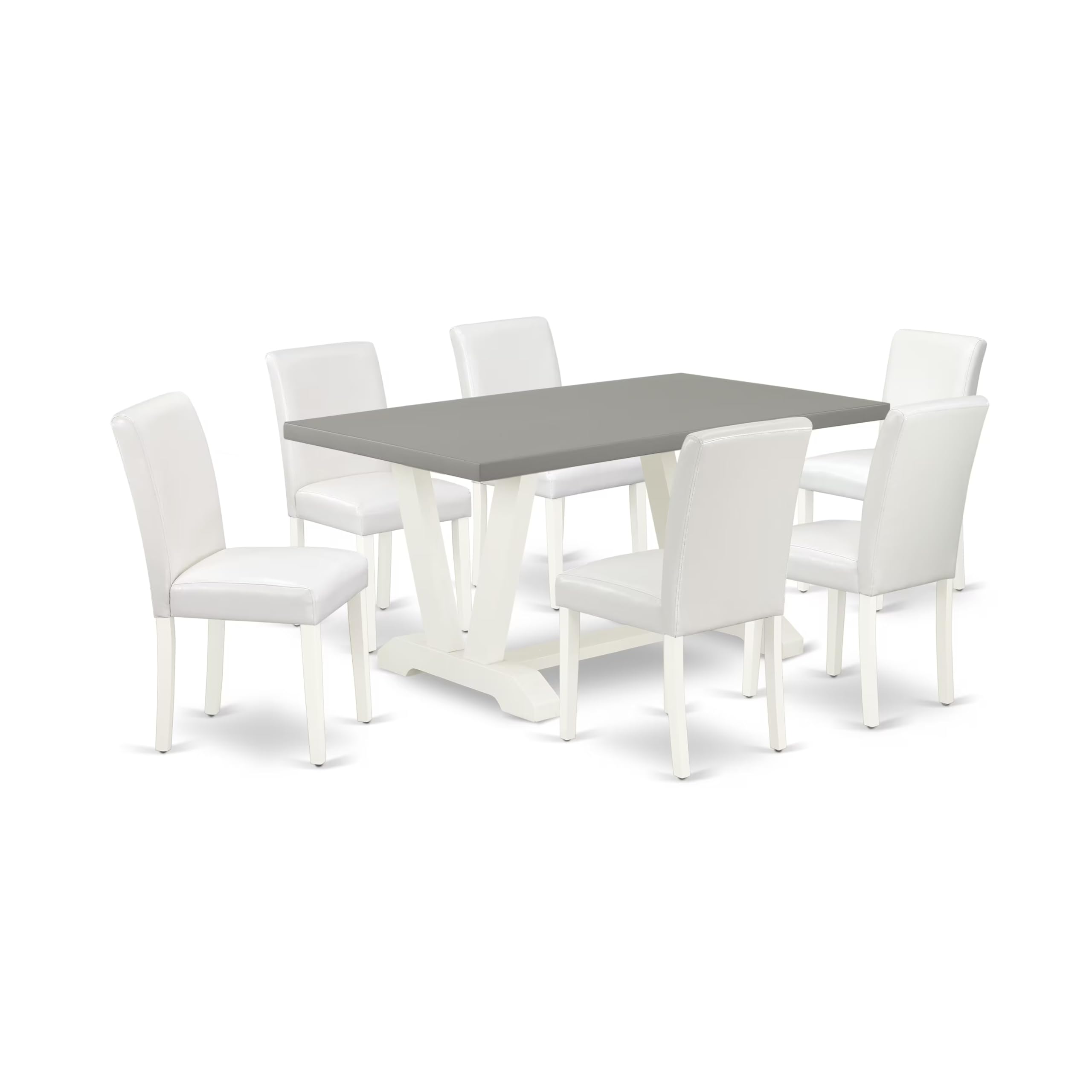 East West Furniture V096Ab264-7 7 Piece Dining Set Consist Of A Rectangle Dining Room Table With V-Legs And 6 White Faux Leather Upholstered Parson Chairs, 36X60 Inch, Multi-Color